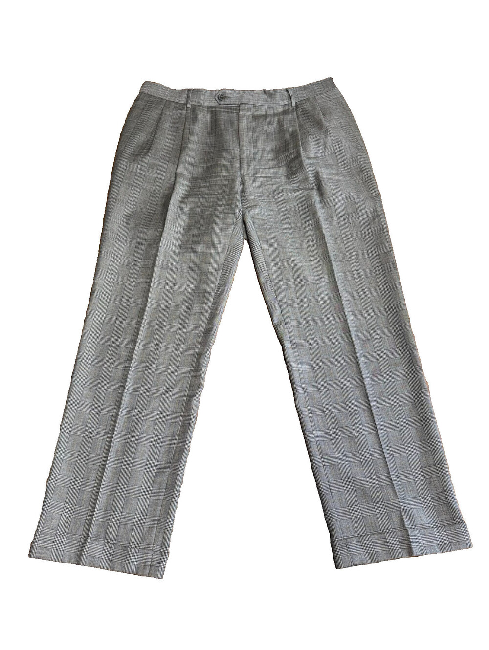 Jos A Bank Wool Dress Pants Mens 40X32 Windowpane Plaid Pleated Cuffed Gray